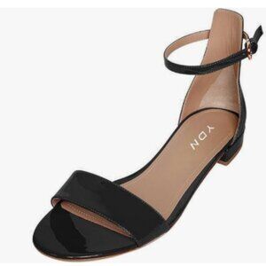 YDN Black Block Low Heel Sandals Open Toe Ankle Strap Patent Comfortable Shoes